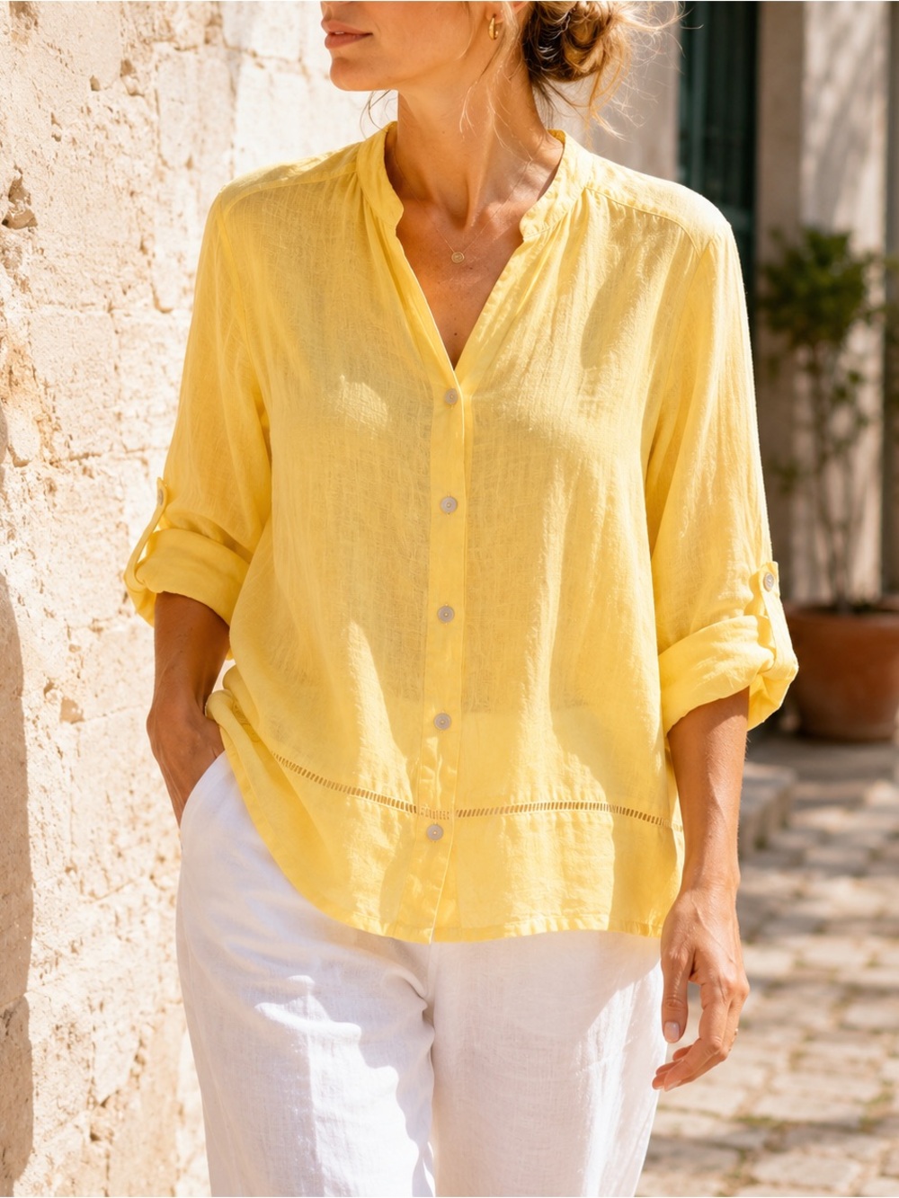 100% Linen Butter Yellow Button Front Blouse Shirt XL